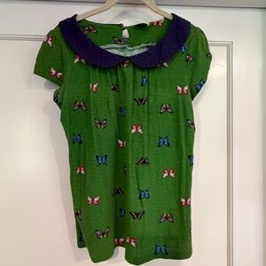 Anthropologie Green Butterfly Print Top with Purple Peter Pan Collar